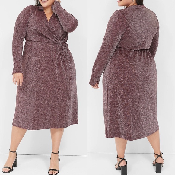 Lane Bryant | Lurex Faux-Wrap Collar Midi Dress - Picture 1 of 8
